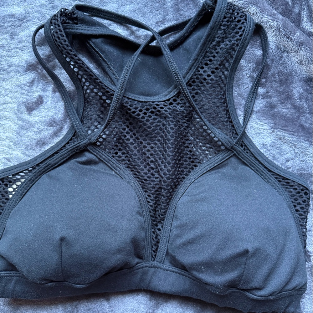 Bombshell Sportswear Iconic Bra OG Black Mesh Strappy Sports Bra L